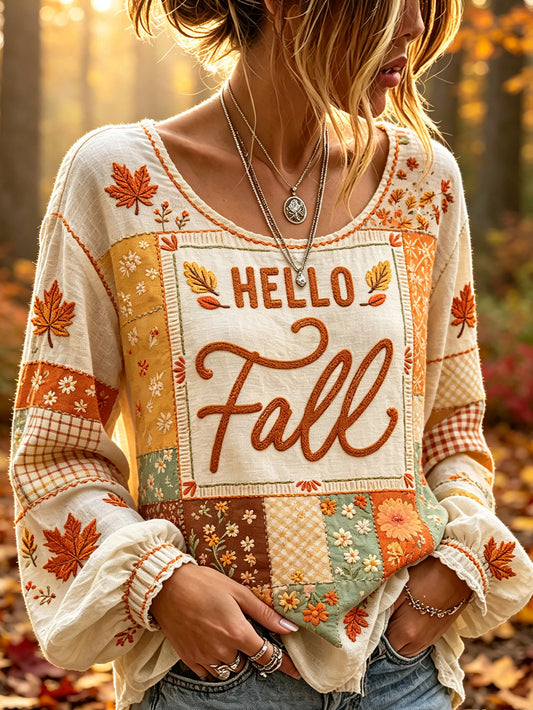 Women's autumn maple leaf element pattern printed casual cotton-linen shirt