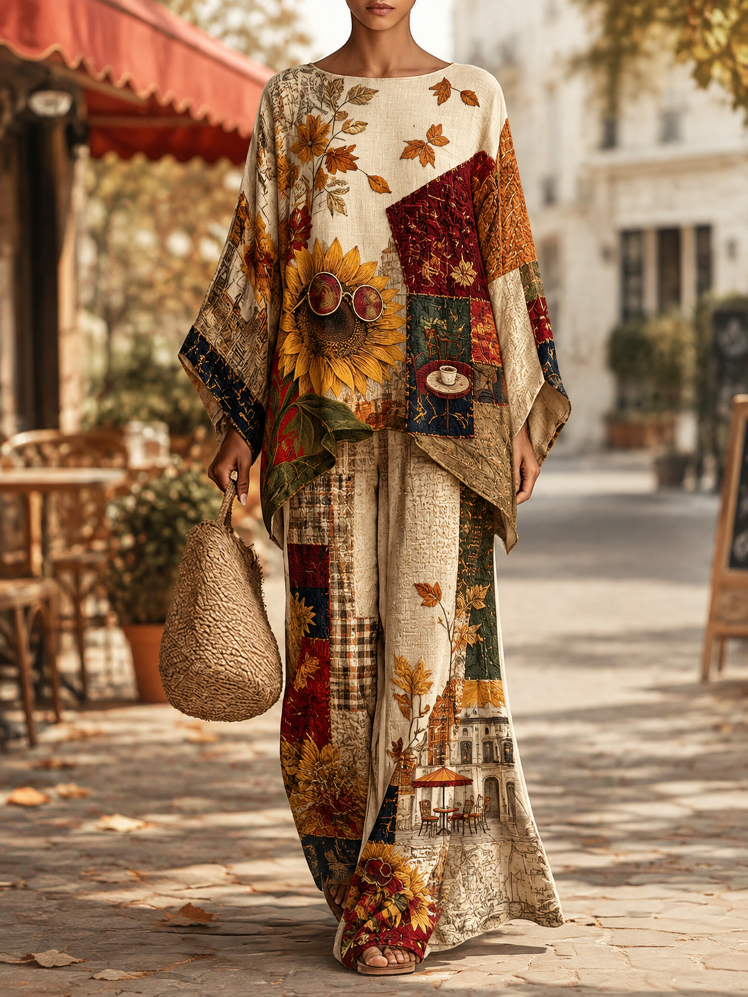 Women's Autumn Classy Lace Floral Art Print Flowy Linen Set