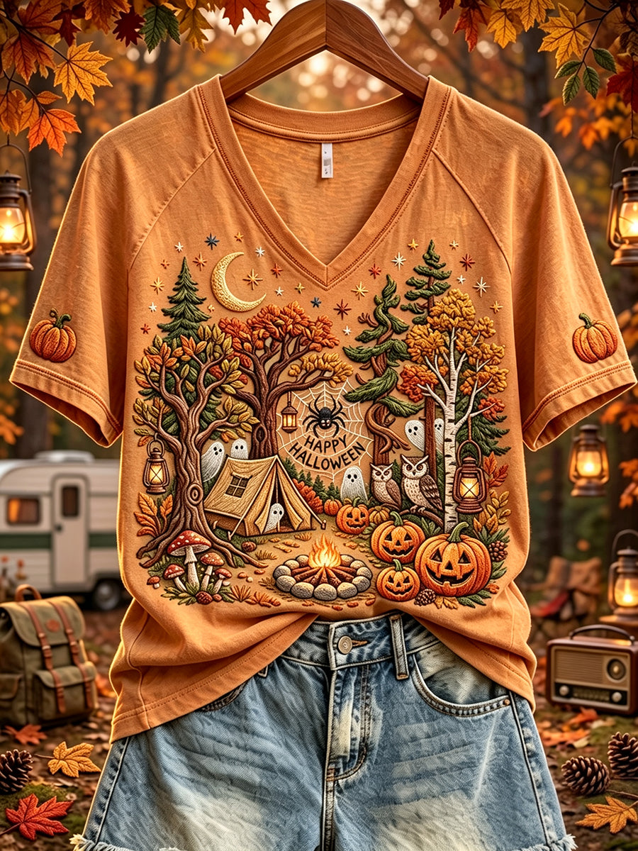 Women's Halloween Ghost Camping Print V-neck Short-sleeved T-shirt