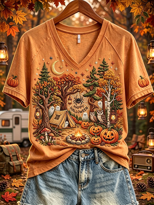 Women's Halloween Ghost Camping Print V-neck Short-sleeved T-shirt