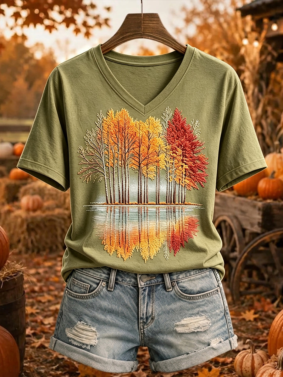 Women's Vintage Fall Trees Print Cozy Short-sleeved T-shirt
