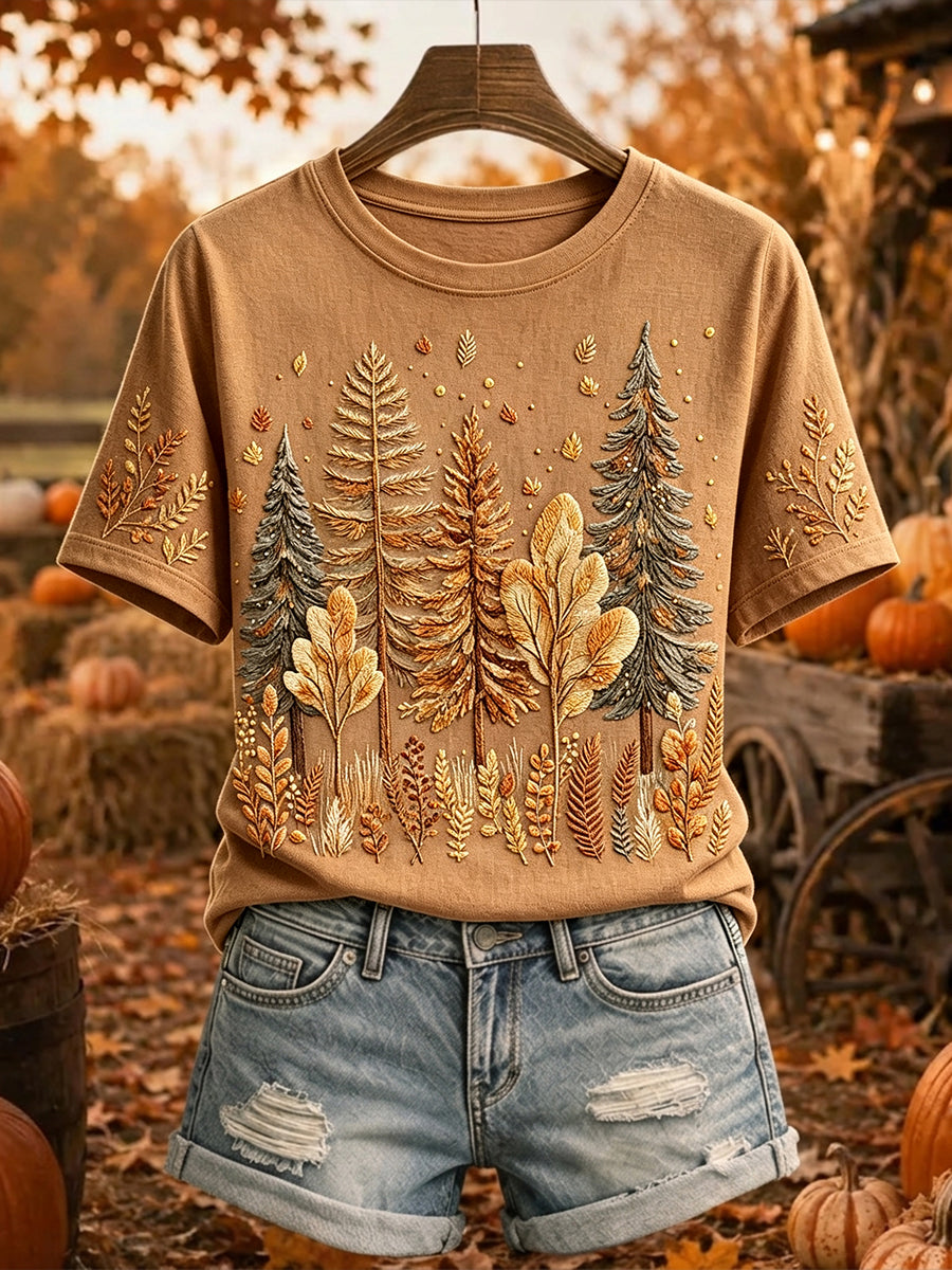Women's Vintage Fall Trees Print Short-sleeved T-shirt
