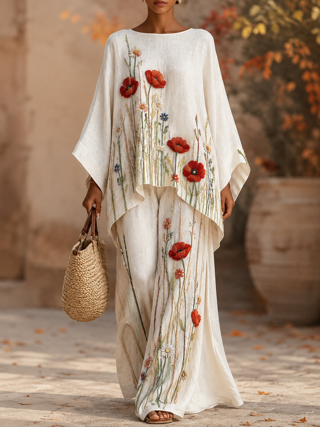 Women's Autumn Classy Lace Floral Art Print Flowy Linen Set
