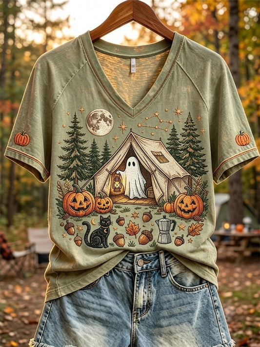 Women's Halloween Ghost Camping Print V-neck Short-sleeved T-shirt