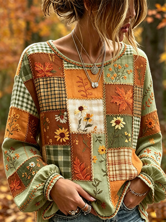 Women's Vintage Fall Fallen Leaves Floral Colorblock Patchwork Print Cotton-Linen Shirt