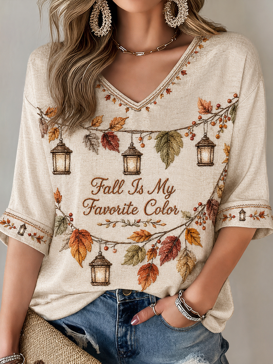 Women's Fall Is My Favorite Color Mid-length Sleeves V-Neck T-Shirt