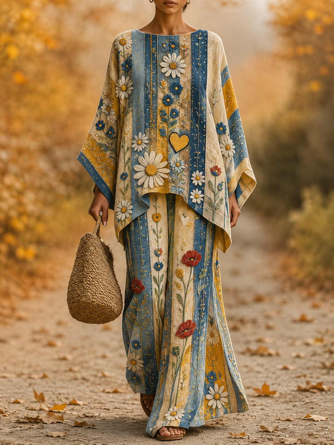 Women's Autumn Classy Lace Floral Art Print Flowy Linen Set