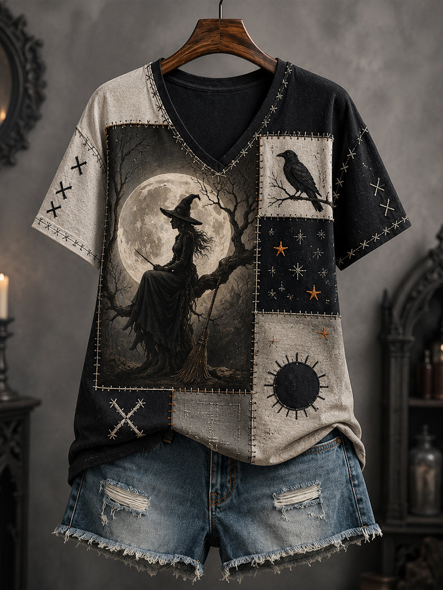 Women's Halloween Patchwork Witch Print Casual V-Neck Tee