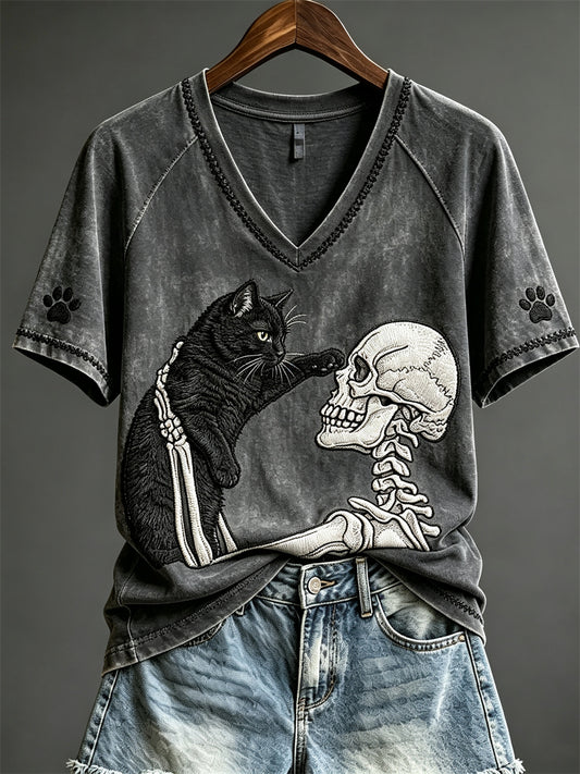 Women's Halloween Skeleton & Black Cat Print short-sleeved T-shirt