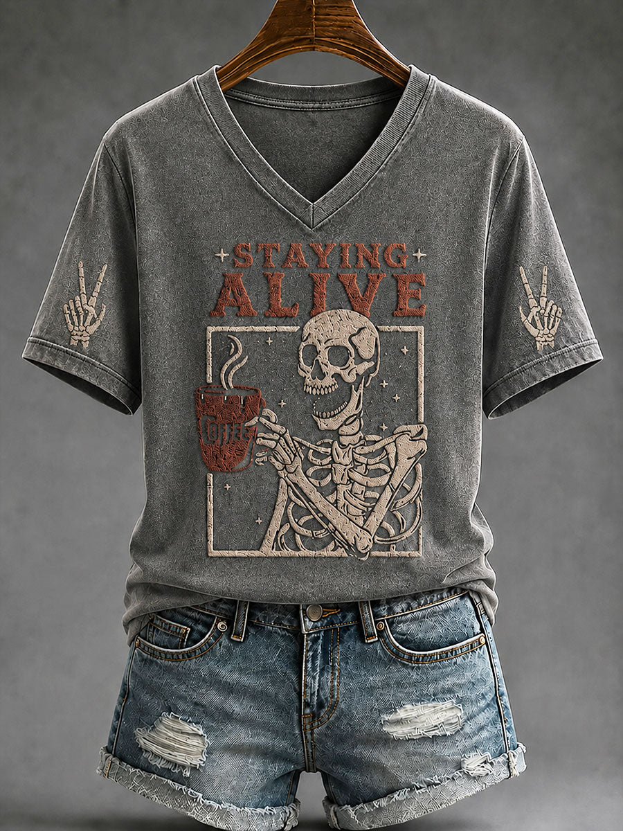 Women's "Staying Alive" Trendy Coffee Funny Skulls Halloween Casual T-Shirt