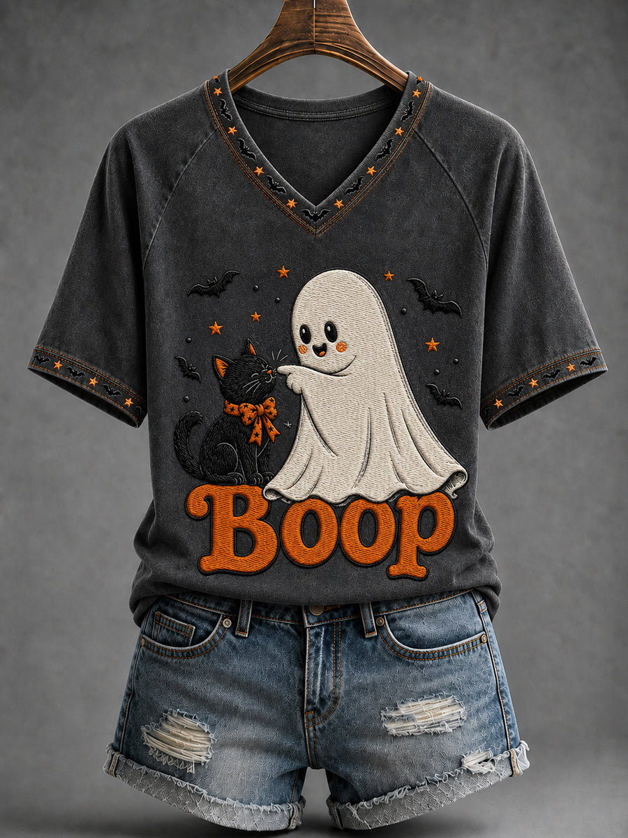 Women's Black Cat Halloween  Ghost Boop V-neck Short Sleeve T-shirt