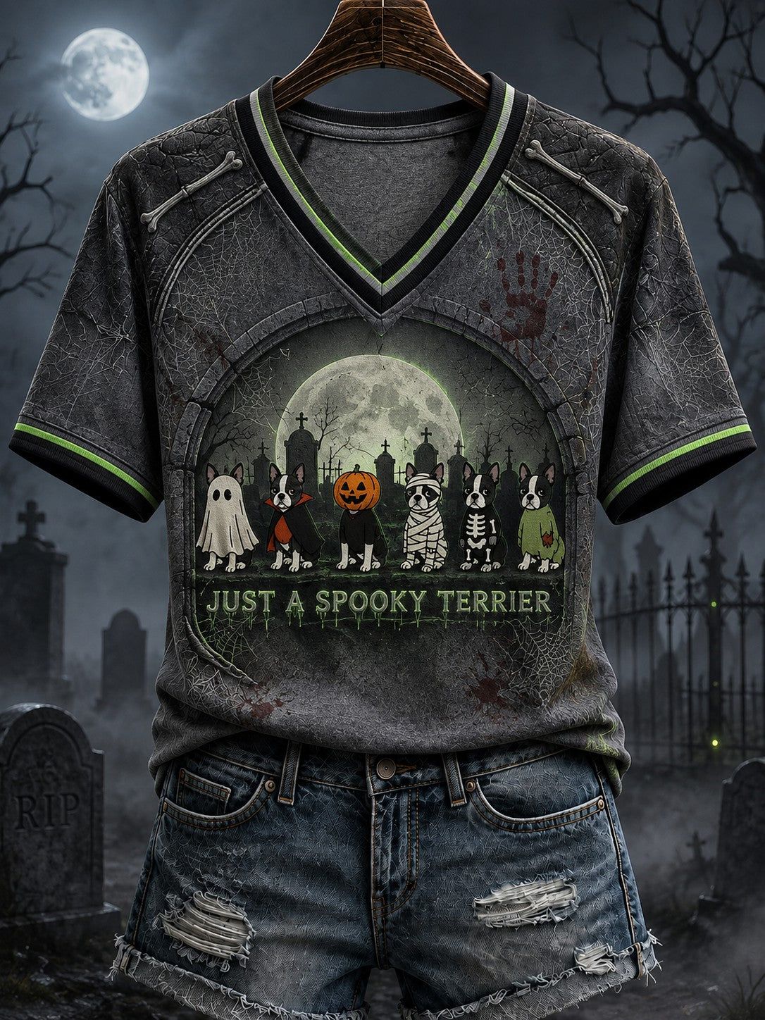 Women's Halloween Just A Spooky Terrier Printed V-neck T-shirt