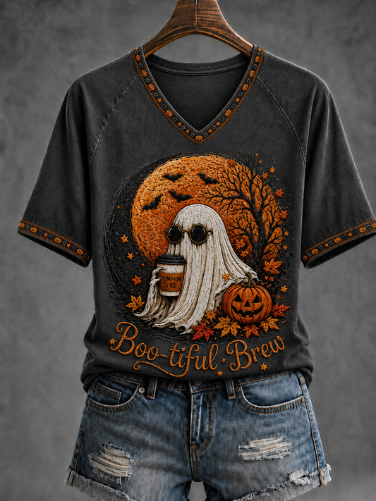 Women's  Halloween Funny Ghost Pumpkin  V-neck Short Sleeve T-shirt