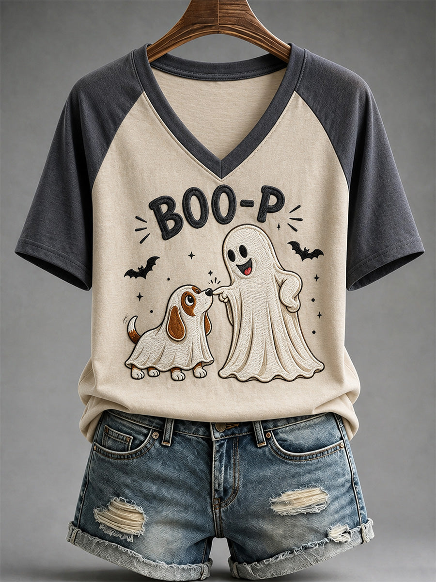 Women's Funny Boo Boo-p Dog Ghost Print Casual V-Neck Tee