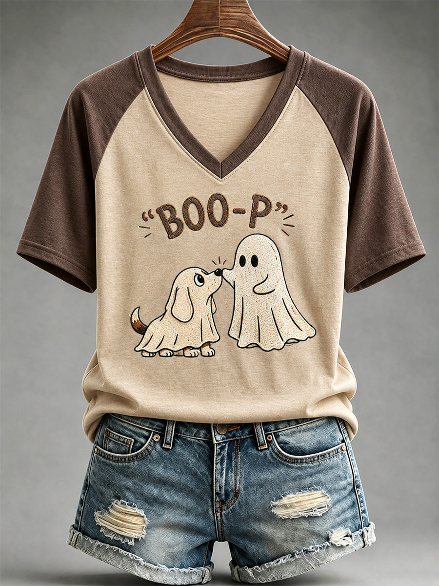 Women's Funny Boo Boo-p Dog Ghost Print Casual V-Neck Tee