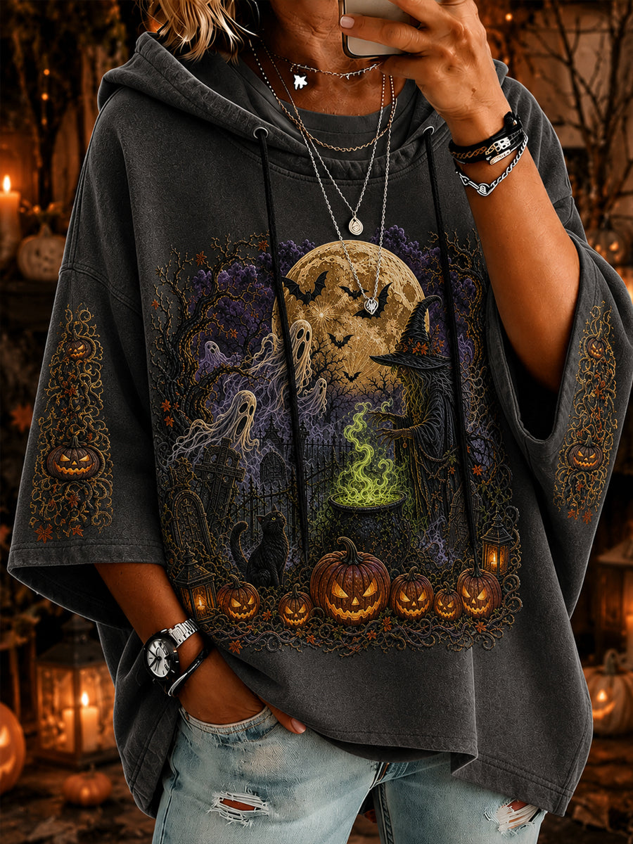 Women’s Halloween Witch Ghost Pumpkin Art  Short-Sleeve Hoodie