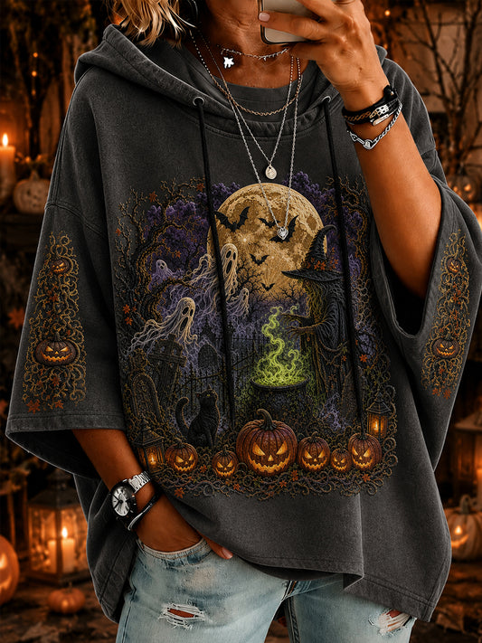 Women’s Halloween Witch Ghost Pumpkin Art  Short-Sleeve Hoodie