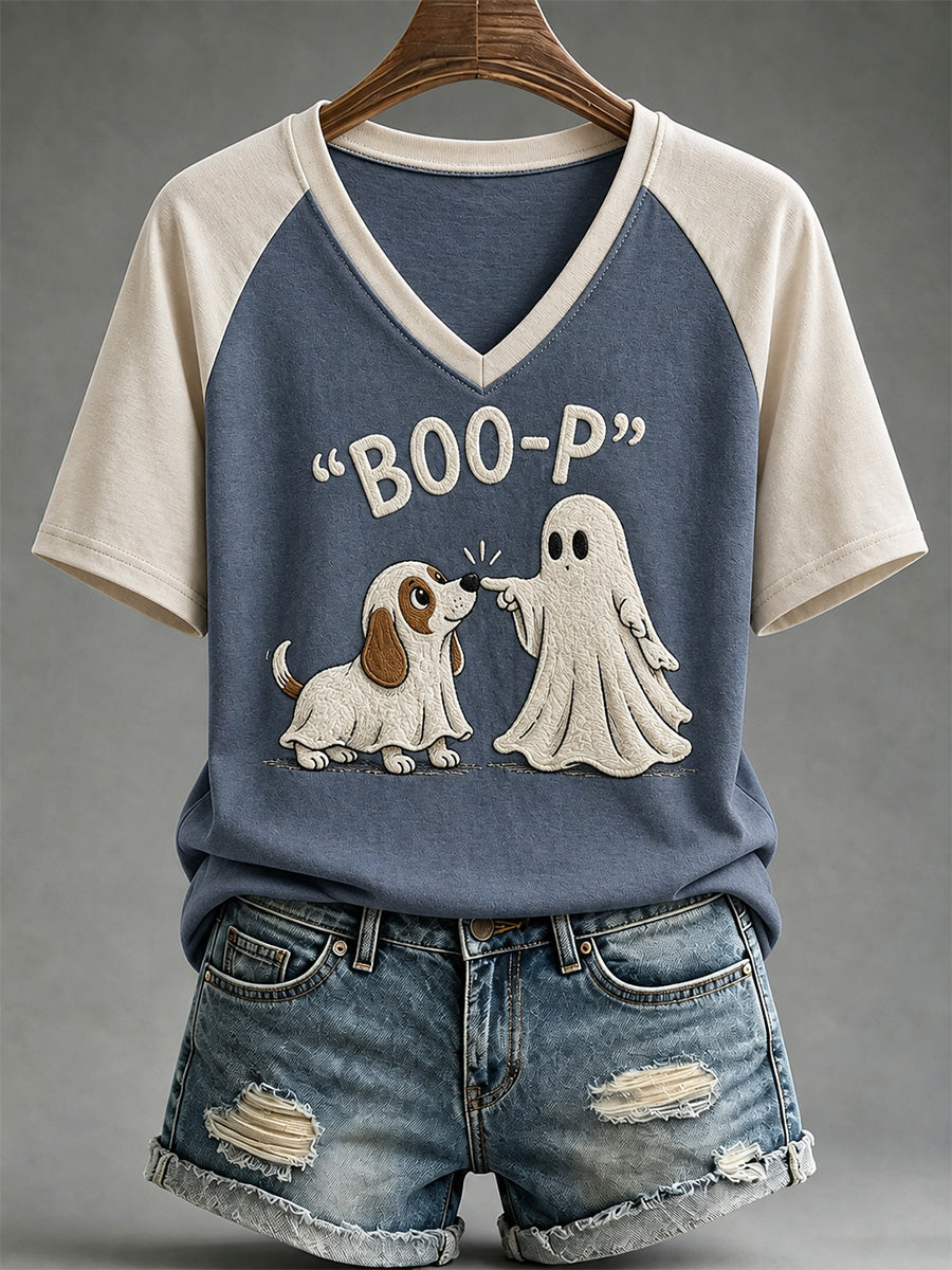 Women's Funny Boo Boo-p Dog Ghost Print Casual V-Neck Tee