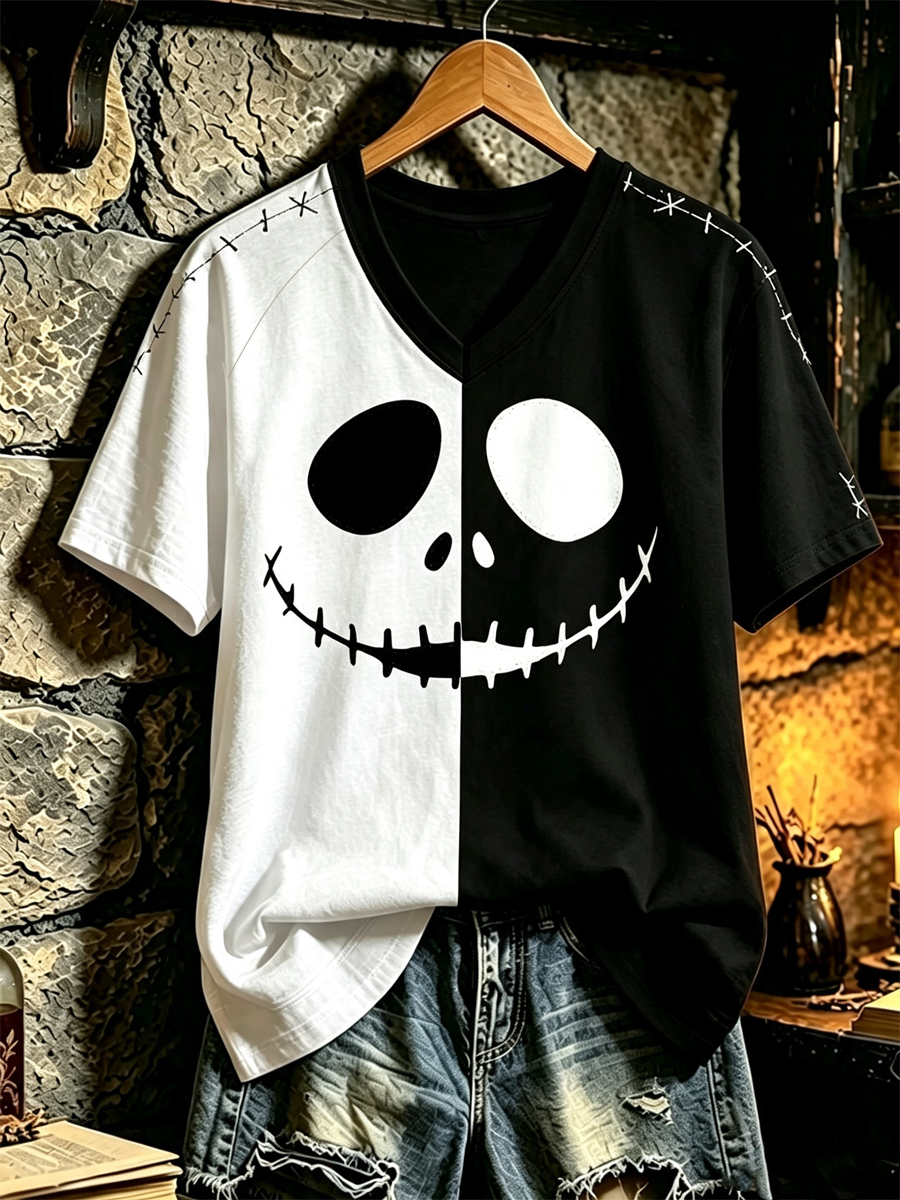 Women's Halloween print V-neck off-shoulder short-sleeved T-shirt