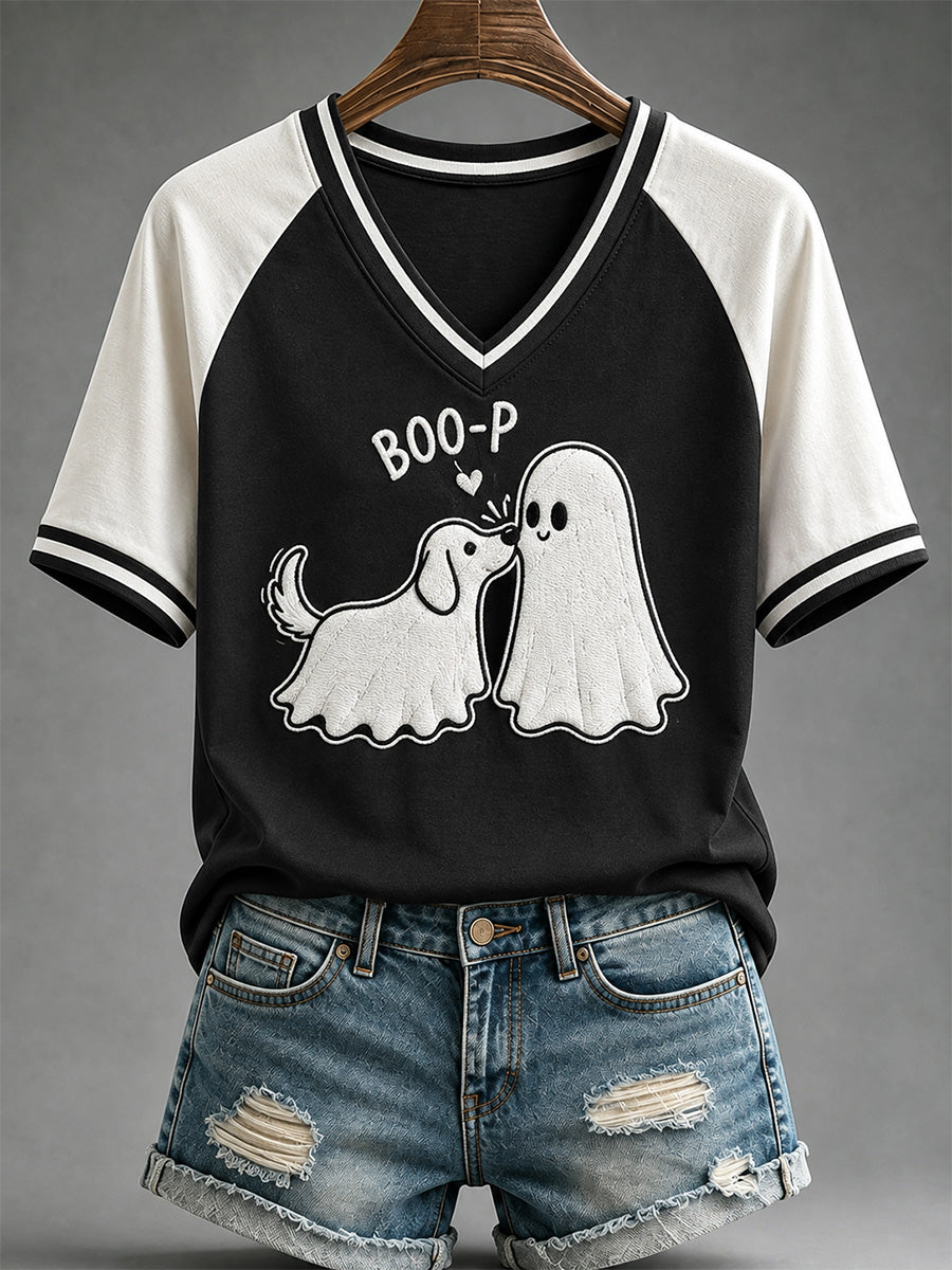 Women's Funny Boo Boo-p Dog Ghost Print Casual V-Neck Tee
