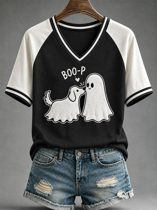 Women's Funny Boo Boo-p Dog Ghost Print Casual V-Neck Tee