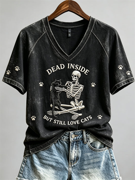 Women's Dead Inside But Still Love Cats Skeleton & Black Cat Print short-sleeved T-shirt