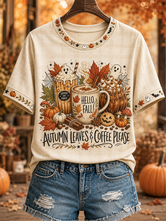 Women's Autumn Leaves & Coffee Please Print Casual Tee