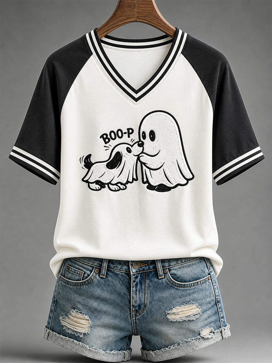 Women's Funny Boo Boo-p Dog Ghost Print Casual V-Neck Tee