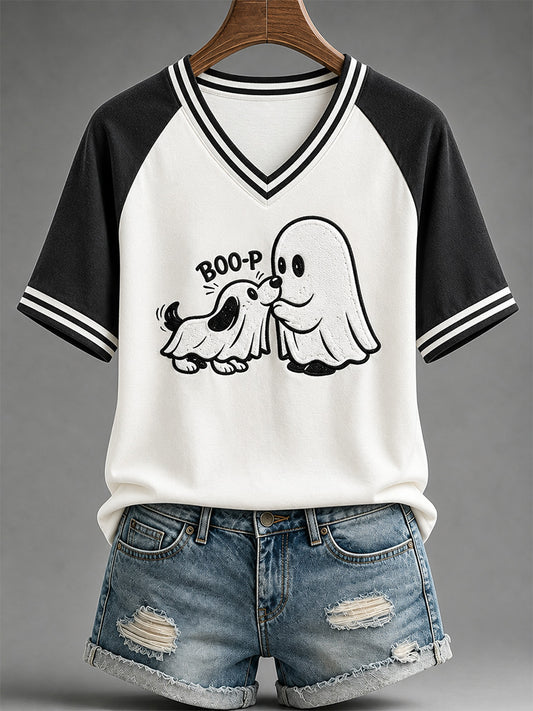 Women's Funny Boo Boo-p Dog Ghost Print Casual V-Neck Tee