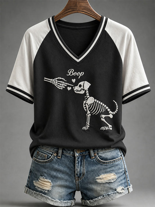 Women's Funny Boo Boo-p Dog Ghost Print Casual V-Neck Tee