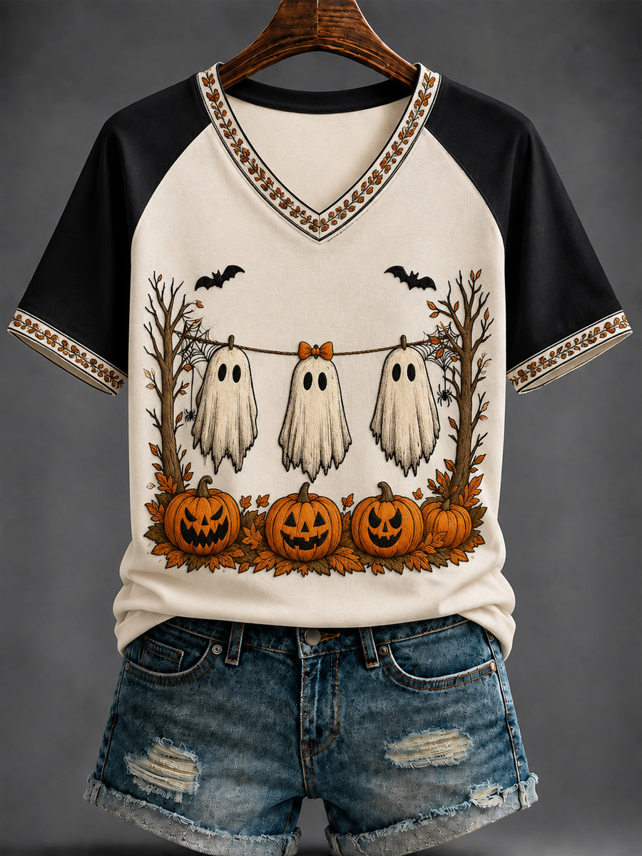 Women's Halloween Print V-neck short-sleeved T-shirt