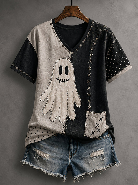 Women's Halloween Patchwork Ghost Print Casual V-Neck Tee