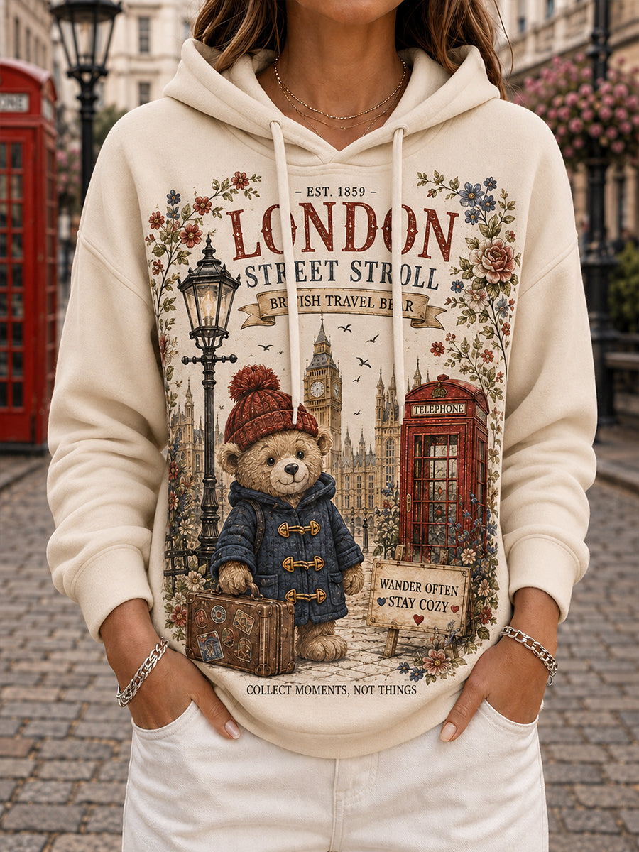 Women's Long-Sleeve Hooded Sweatshirt With Vintage Teddy Bear Commemorative Print