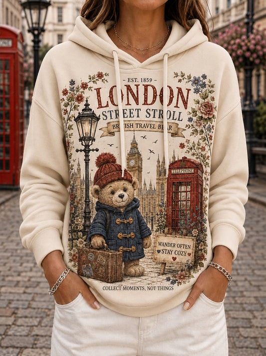 Women's Long-Sleeve Hooded Sweatshirt With Vintage Teddy Bear Commemorative Print