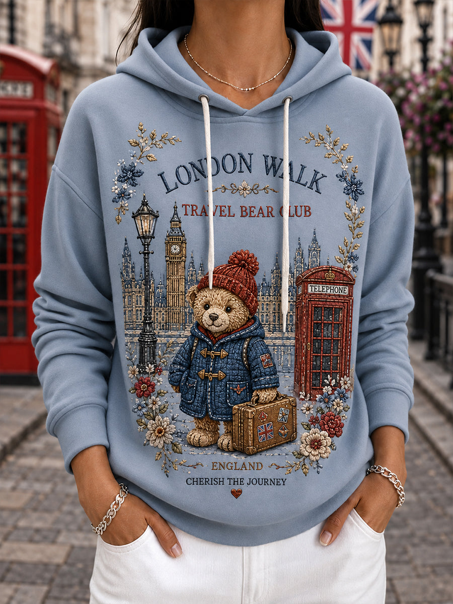Women's Long-Sleeve Hooded Sweatshirt With Vintage Teddy Bear Commemorative Print