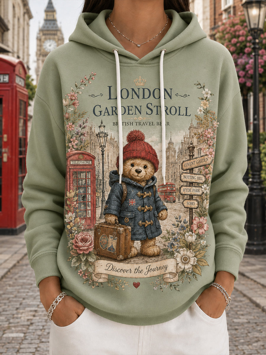Women's Long-Sleeve Hooded Sweatshirt With Vintage Teddy Bear Commemorative Print
