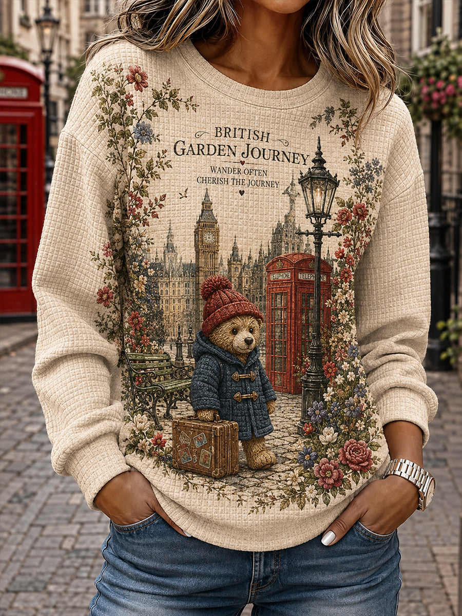 Women's Long-Sleeve Waffle-Texture T-Shirt With Vintage-Style Teddy Bear Graphic