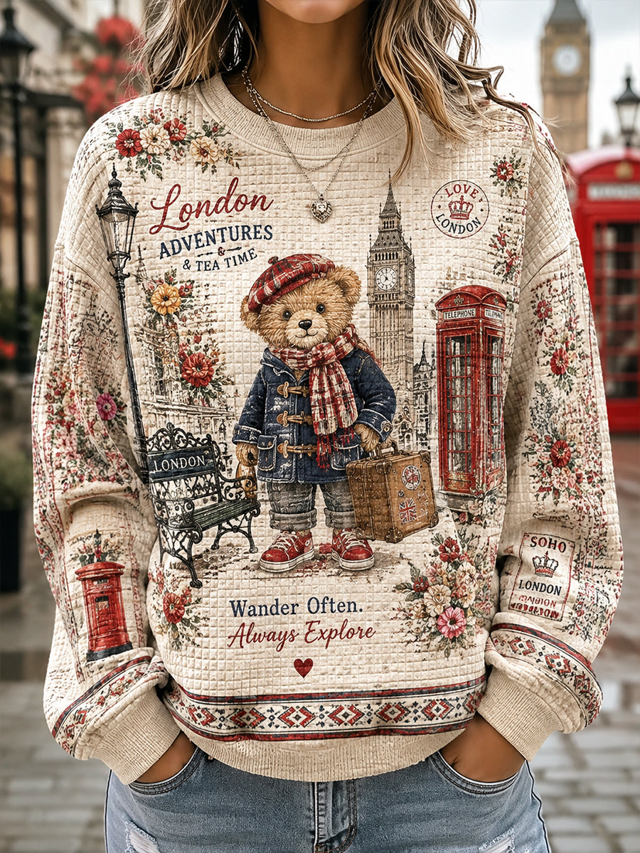 Women's Waffle-Knit Sweatshirt With Cute Teddy Bear Print
