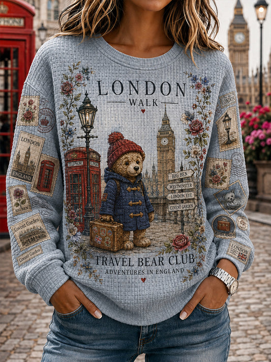 Women's Long-Sleeve Waffle-Texture T-Shirt With Vintage-Style Teddy Bear Graphic