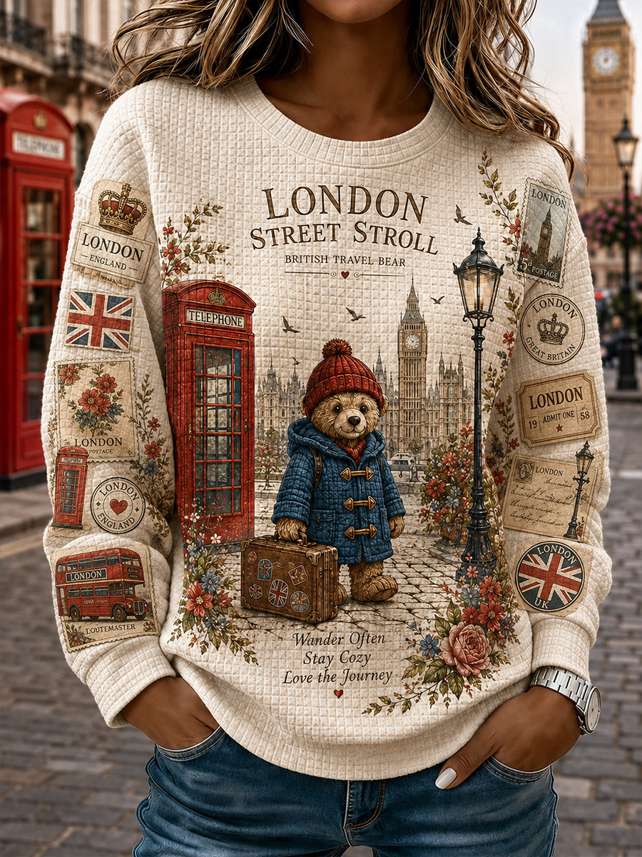Women's Long-Sleeve Waffle-Texture T-Shirt With Vintage-Style Teddy Bear Graphic