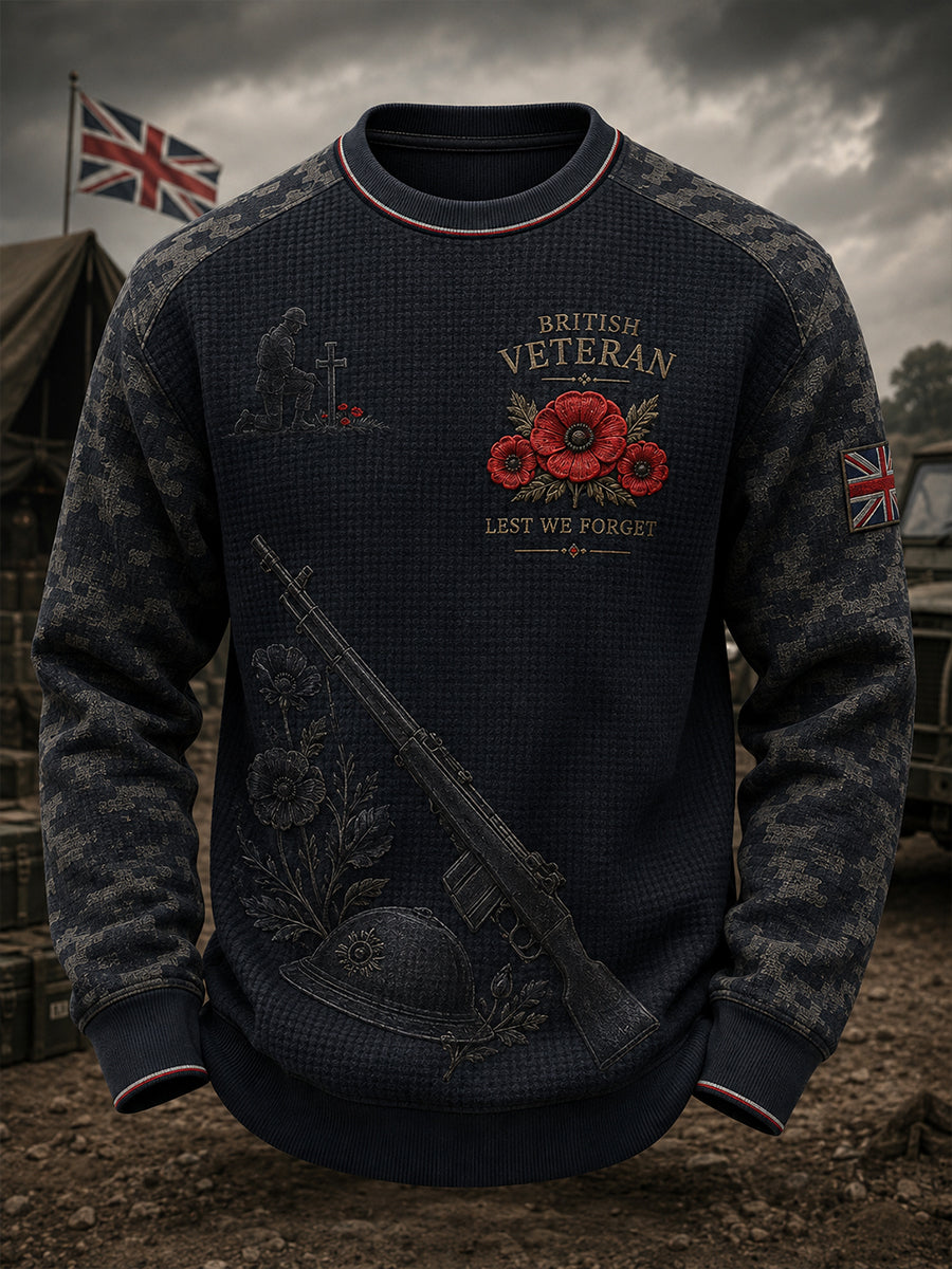 Men's Long-Sleeve Waffle-Texture T-Shirt With Vintage Camouflage And Military-Inspired Graphic Print