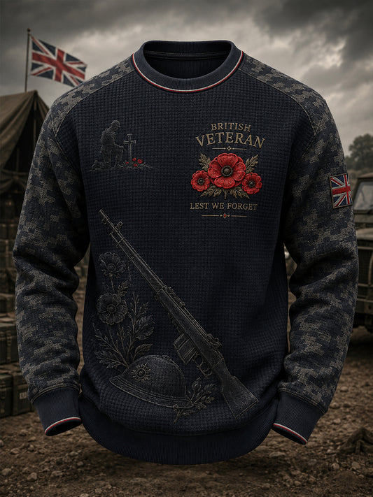 Men's Long-Sleeve Waffle-Texture T-Shirt With Vintage Camouflage And Military-Inspired Graphic Print
