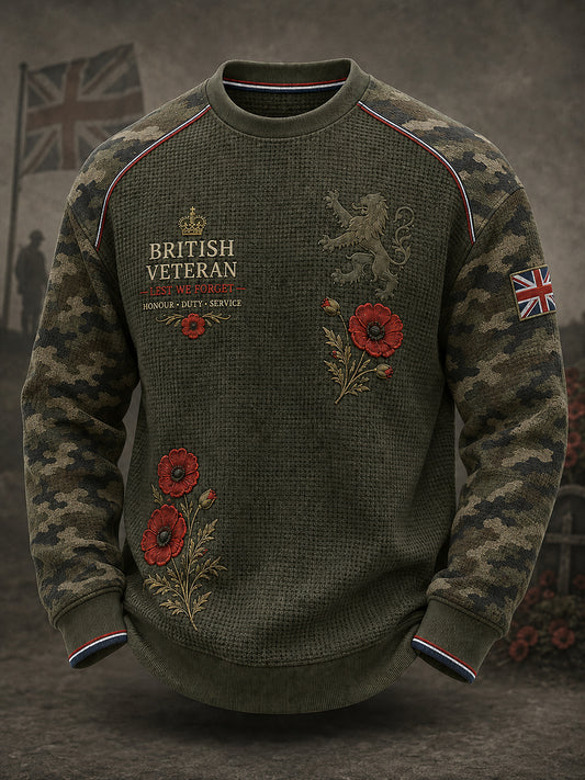 Men's Long-Sleeve Waffle-Texture T-Shirt With Vintage Camouflage And Military-Inspired Graphic Print