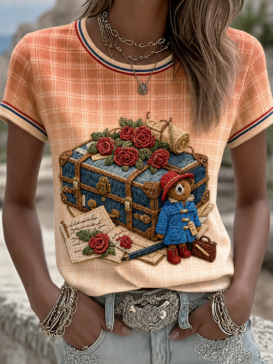 Women's Paddington Bear Printed Vintage Fashion Loose Short Sleeve T-Shirt