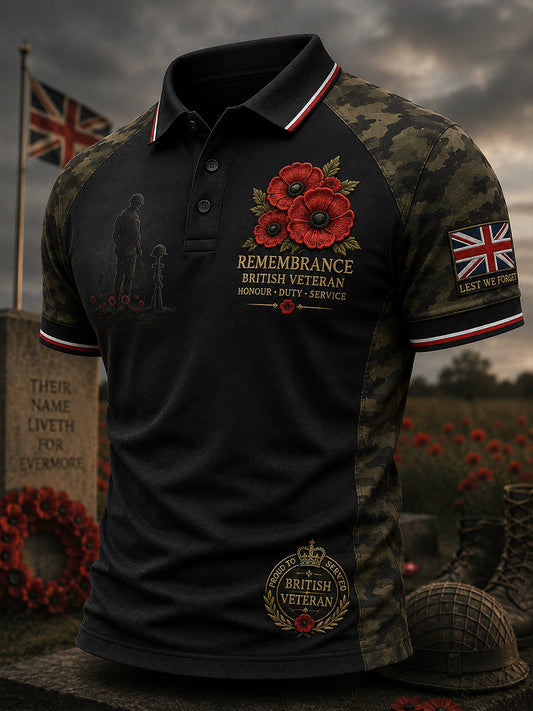 Men's Short-Sleeve Polo Shirt With Vintage Camouflage And Military Commemorative Print