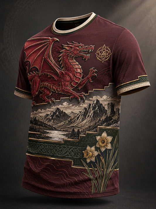 Men's Welsh Red Dragon Cultural Elements Art Print T-Shirt