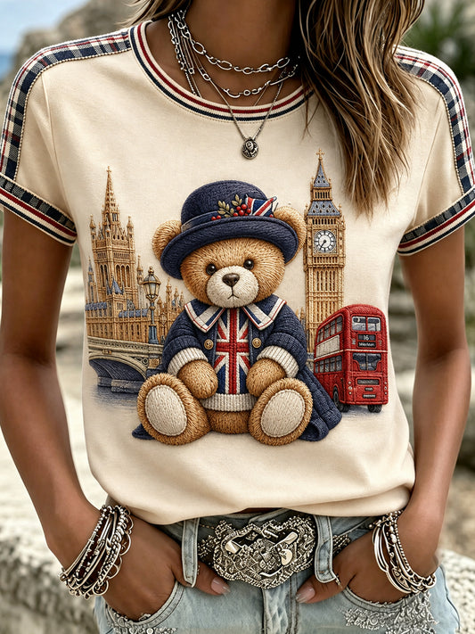 Women's Paddington Bear Printed Vintage Fashion Loose Short Sleeve T-Shirt
