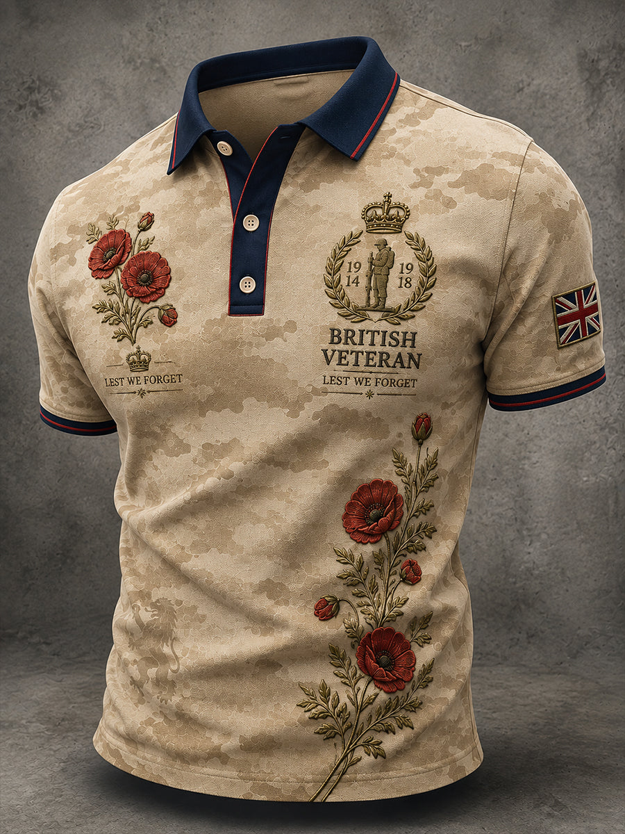 Men's Short-Sleeve Polo Shirt With Vintage Camouflage And Military Commemorative Print