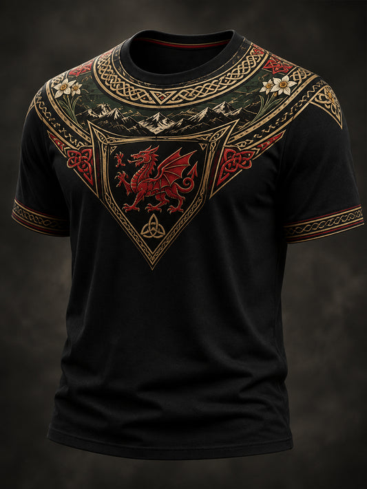 Men's Welsh Red Dragon Cultural Elements Art Print T-Shirt