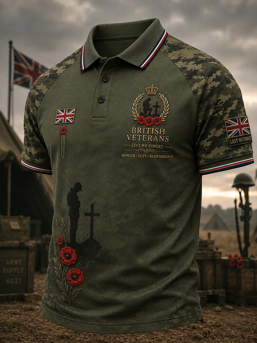 Men's Short-Sleeve Polo Shirt With Vintage Camouflage And Military Commemorative Print